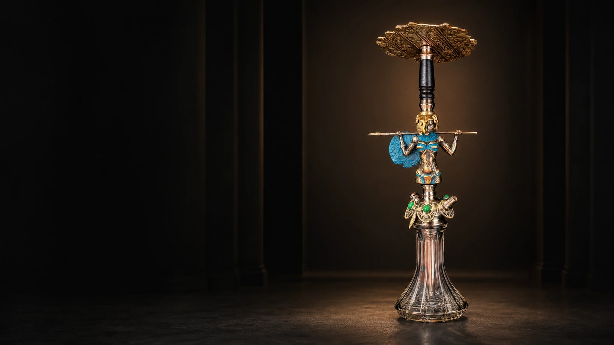 Sculptural hookah hardware in a dark studio setting